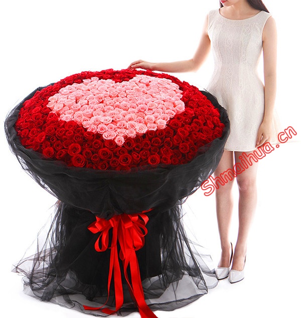 我爱你520-520朵玫瑰（红玫瑰321朵、粉色戴安娜玫瑰199朵围成心形）。黑色卡纸、黑色网纱圆形包装，红色缎带蝴蝶结束扎。